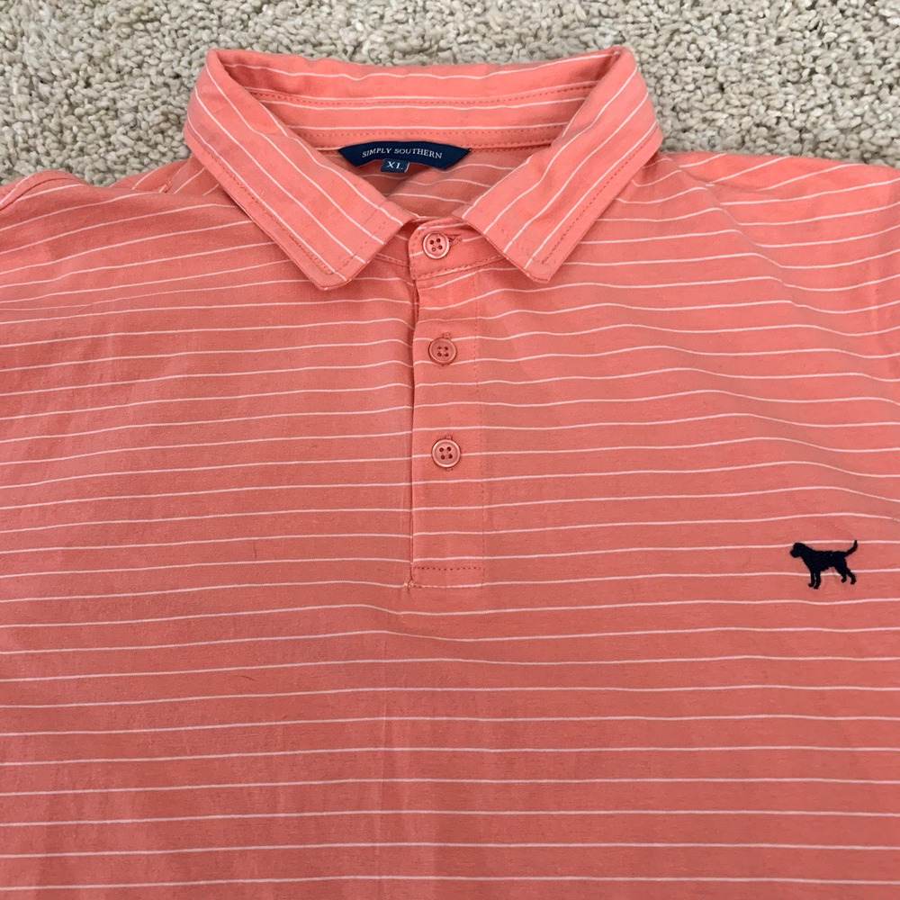 Simply Southern Polo Shirt Mens XL Pink Salmon Striped Stretch Tee Collar Golf